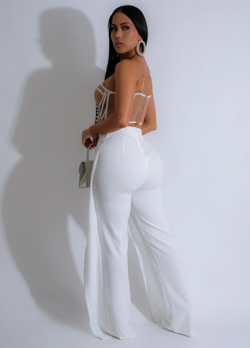 Crystal Drape Rhinestones Pants White