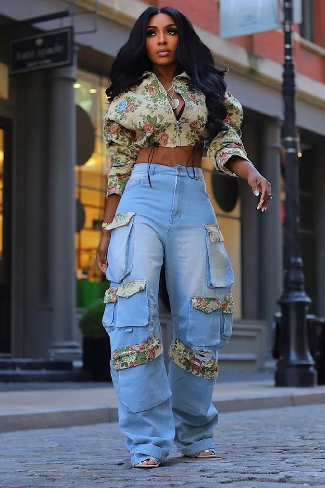 Floral Print Crop Blouse Pocket Washed Denim Pants