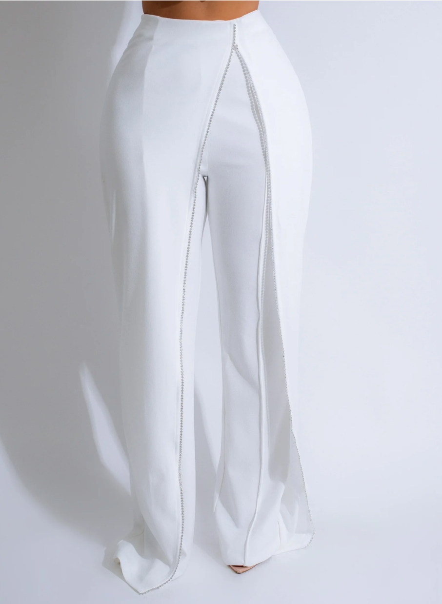 Crystal Drape Rhinestones Pants White