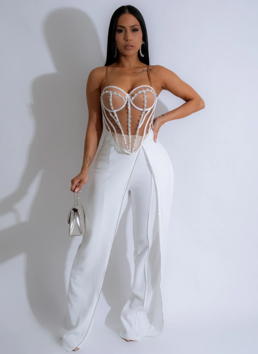 Crystal Drape Rhinestones Pants White