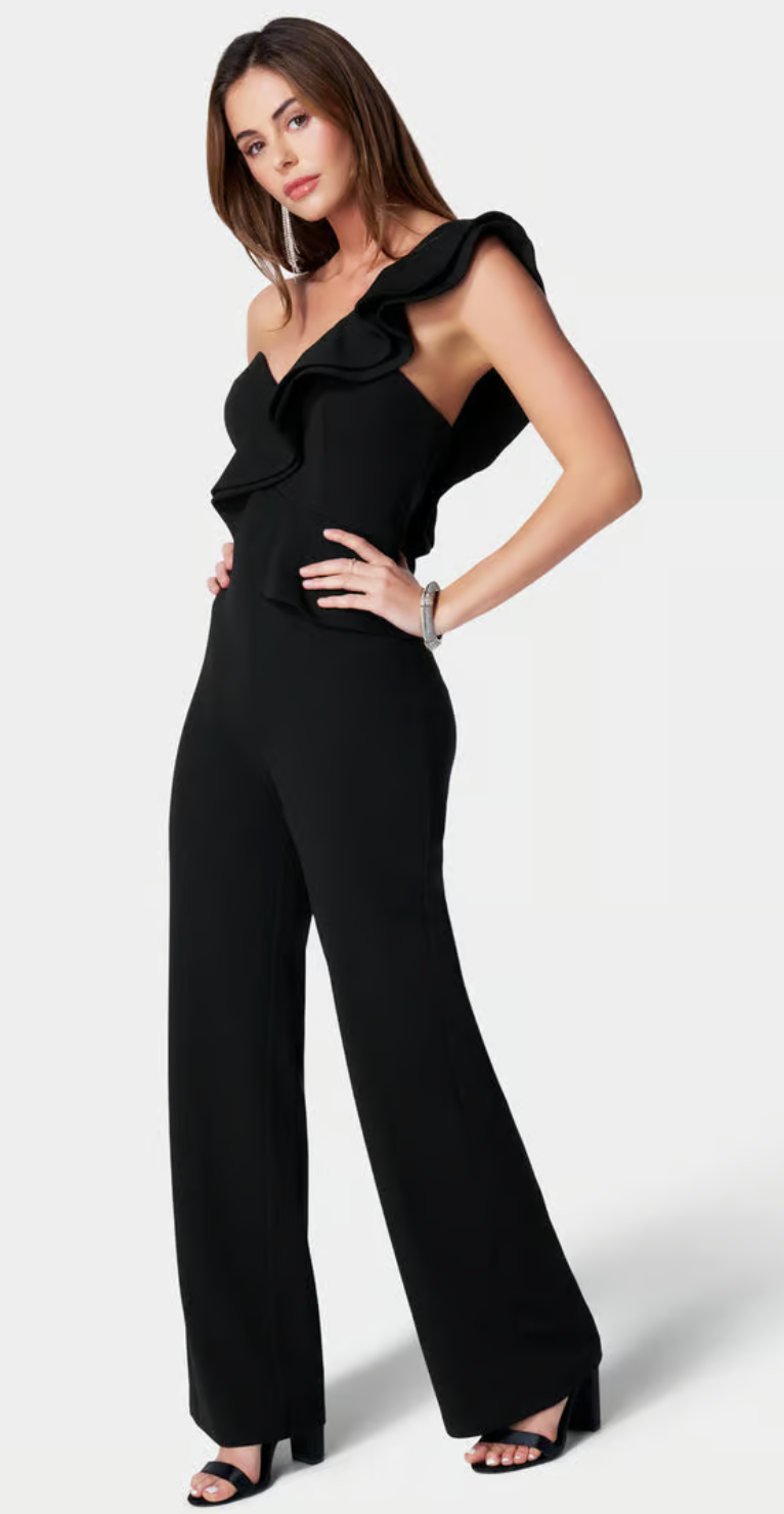 One Shoulder Ruffle Crepe Jumpsuit