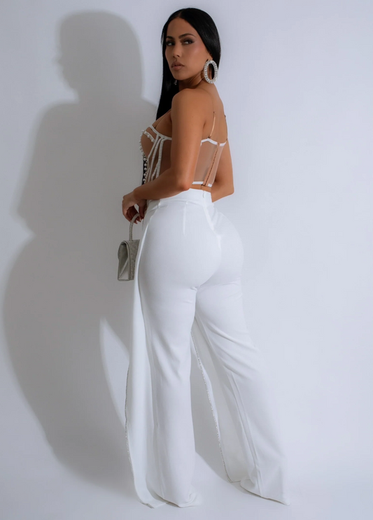 Crystal Drape Rhinestones Pants White