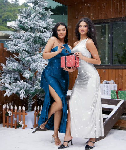 Women's Sexy One Shoulder Satin High Split
Cocktail Fit Wedding Party Maxi Formal Dress