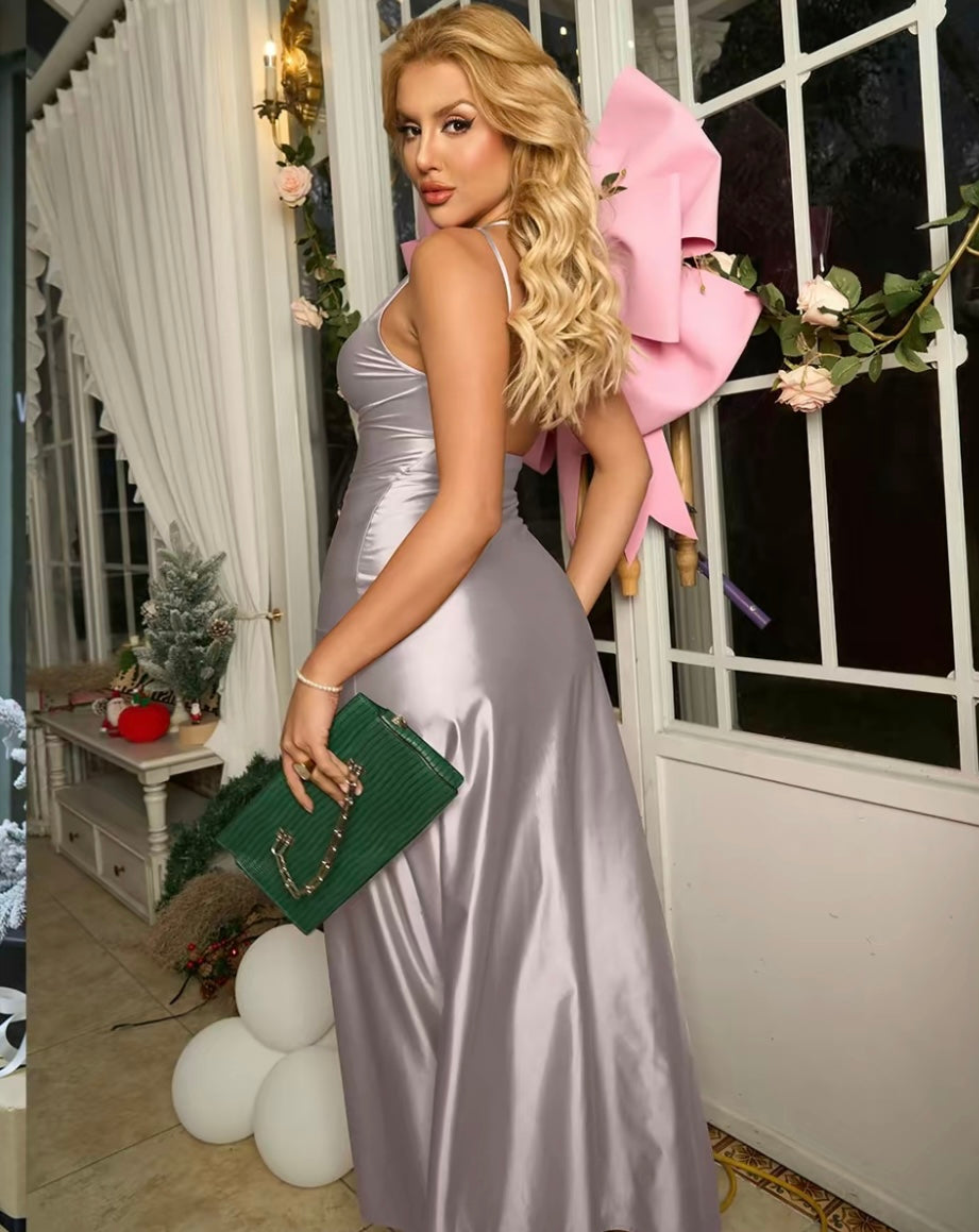 Women's Sexy One Shoulder Satin High Split
Cocktail Fit Wedding Party Maxi Formal Dress