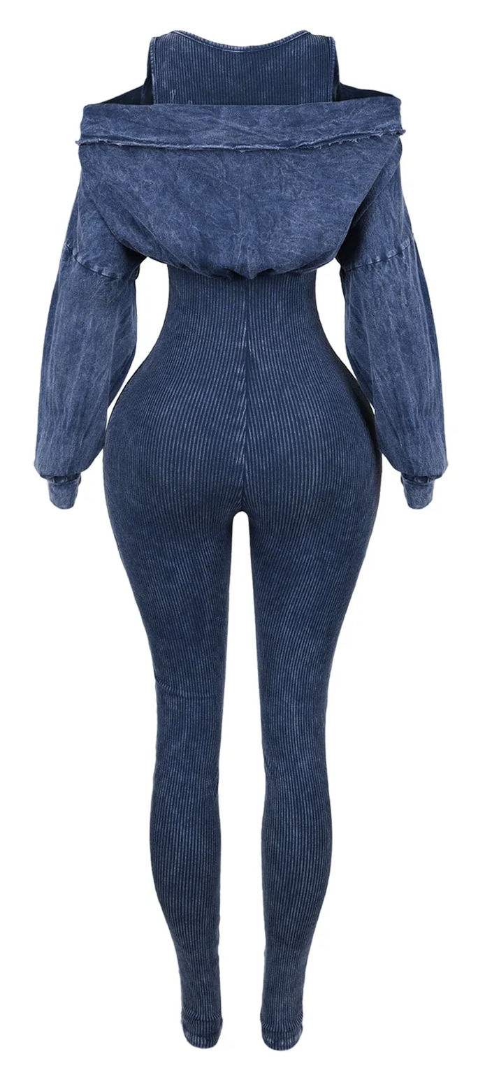 Camila Mineral Washed Cold Shoulder Hoodie Jumpsuit