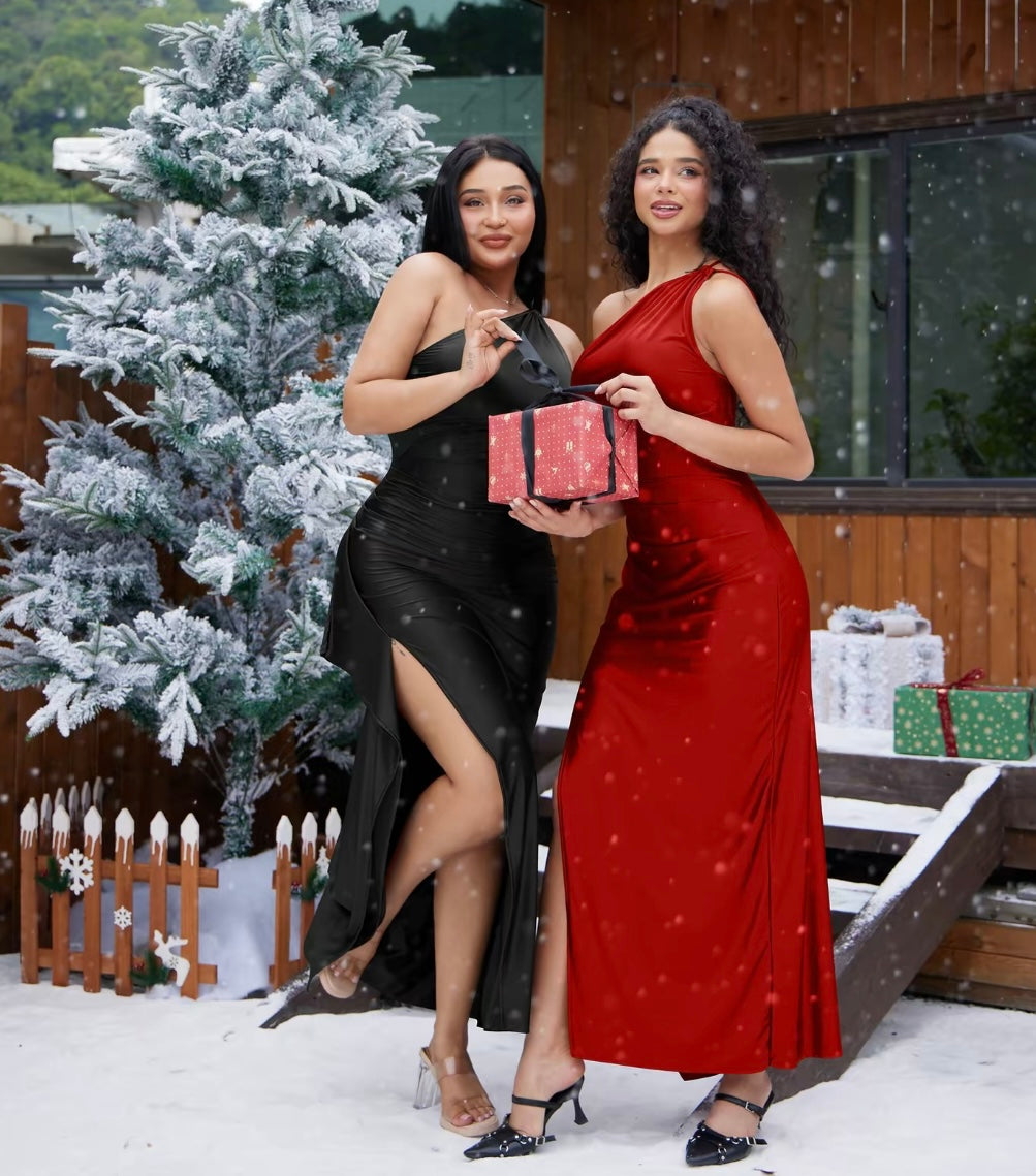 Women's Sexy One Shoulder Satin High Split
Cocktail Fit Wedding Party Maxi Formal Dress