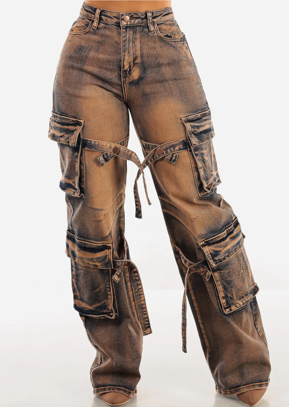 High Waisted Straight Wide Leg Cargo Jeans Copper Acid Wash