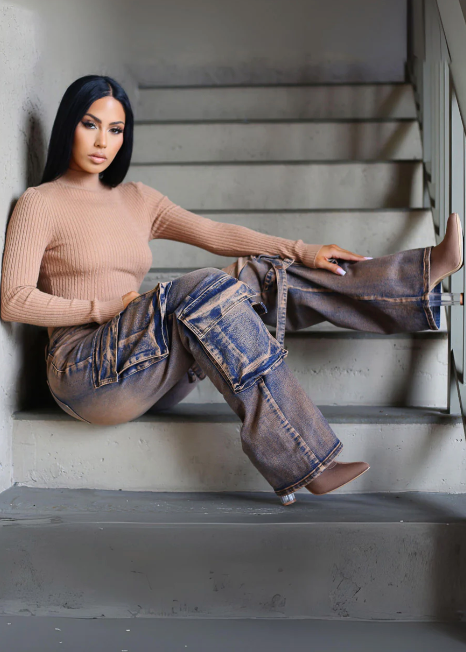 High Waisted Straight Wide Leg Cargo Jeans Copper Acid Wash