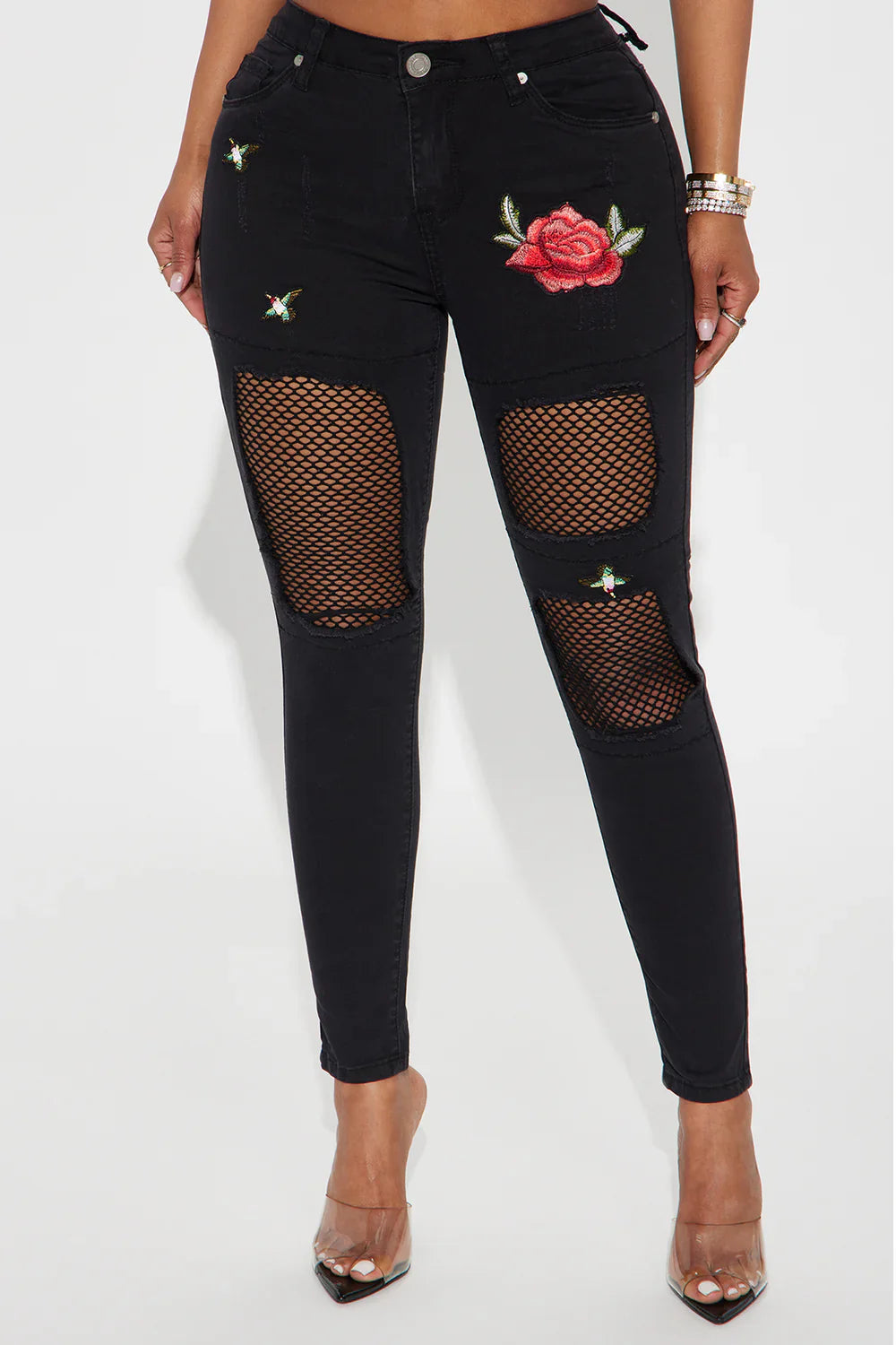 Rosa Ripped Embroidered Skinny Jeans - Black