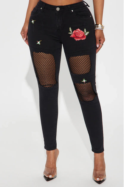 Rosa Ripped Embroidered Skinny Jeans - Black