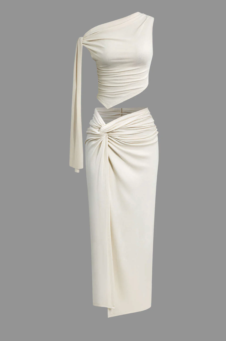 Solid Asymmetrical Top And Twist Slit Skirt Set