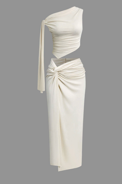 Solid Asymmetrical Top And Twist Slit Skirt Set