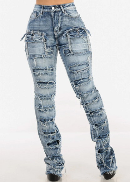 Stretchy High Waist Ripped Cargo Stracked Leg Jeans Blue Wash