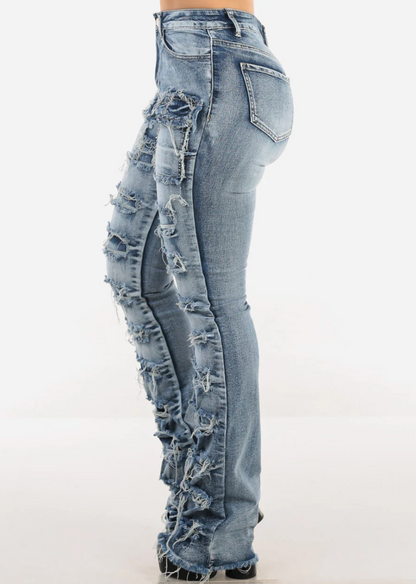 Stretchy High Waist Ripped Cargo Stracked Leg Jeans Blue Wash