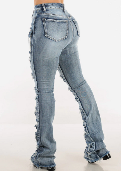 Stretchy High Waist Ripped Cargo Stracked Leg Jeans Blue Wash