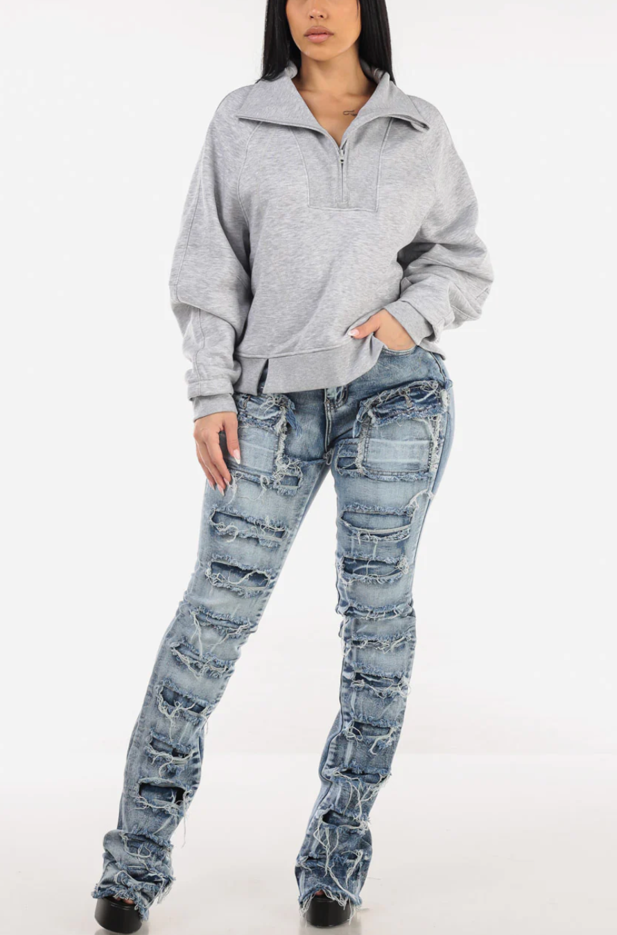 Stretchy High Waist Ripped Cargo Stracked Leg Jeans Blue Wash