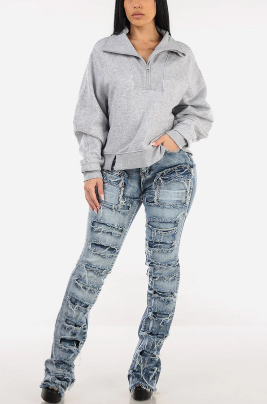 Stretchy High Waist Ripped Cargo Stracked Leg Jeans Blue Wash