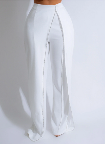 Crystal Drape Rhinestones Pants White