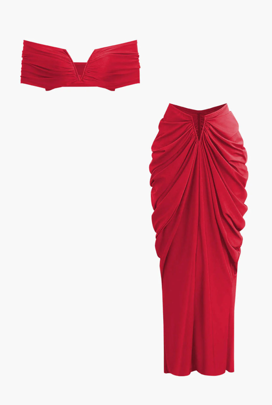 V-neck Ruched Top And V-shape Cut Waist Maxi Skirt Set