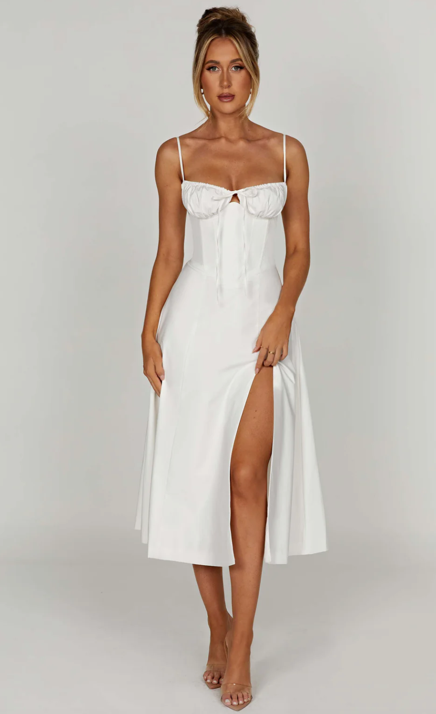 Ruched bust split thigh cami dress