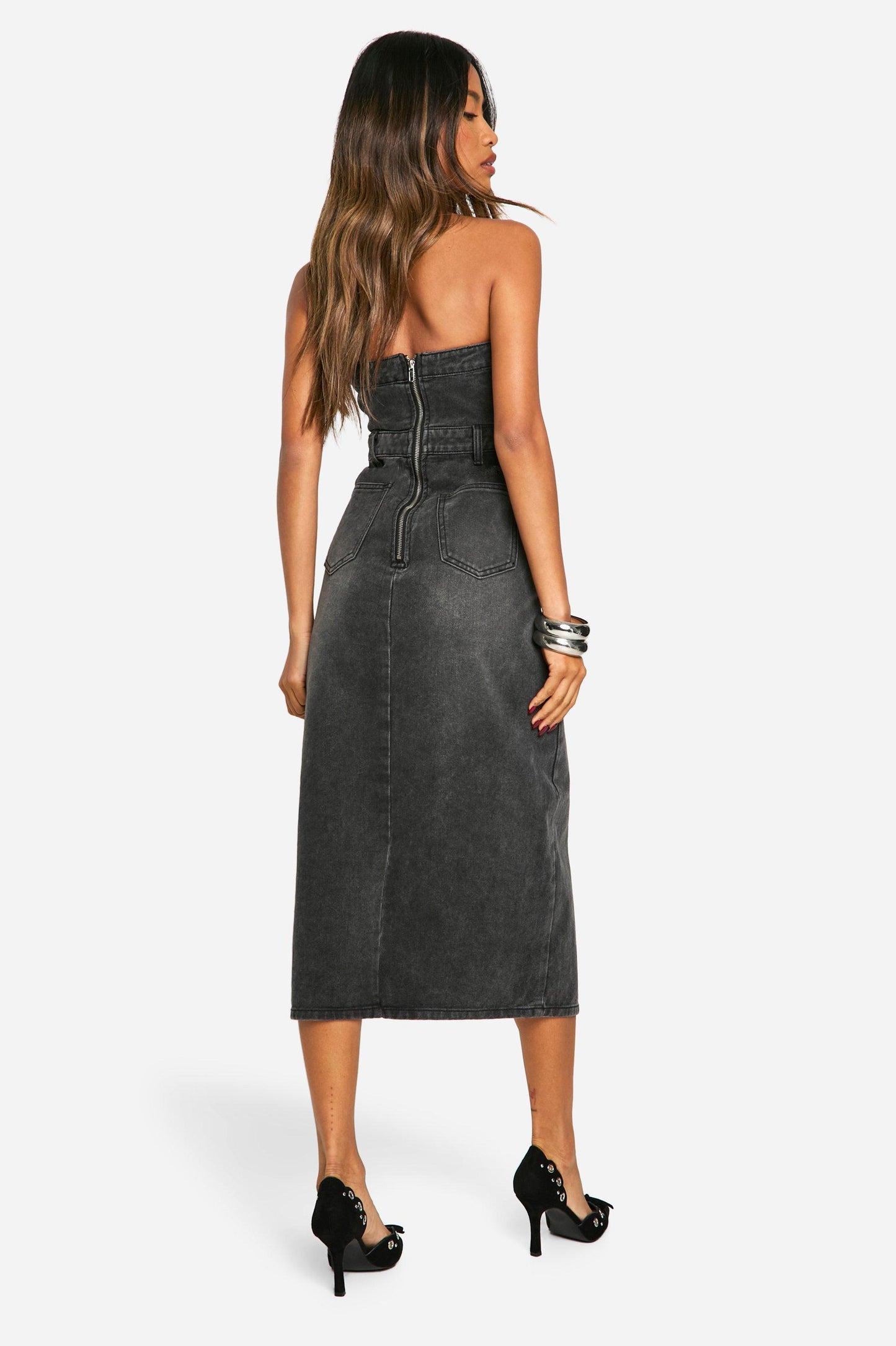 Denim Bandeau Split Front Midi Dress