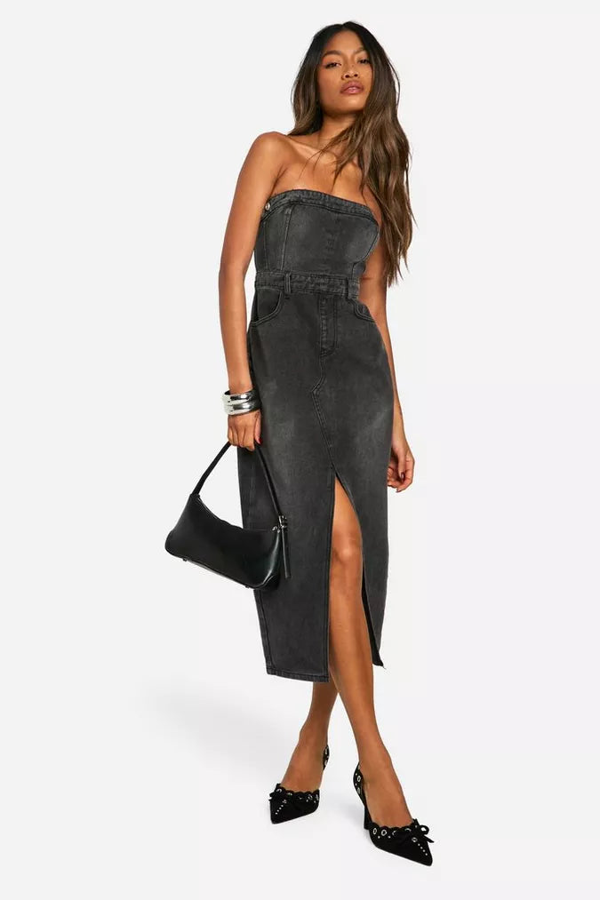Denim Bandeau Split Front Midi Dress