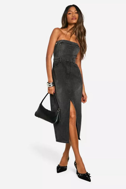 Denim Bandeau Split Front Midi Dress