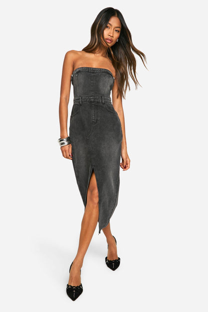 Denim Bandeau Split Front Midi Dress