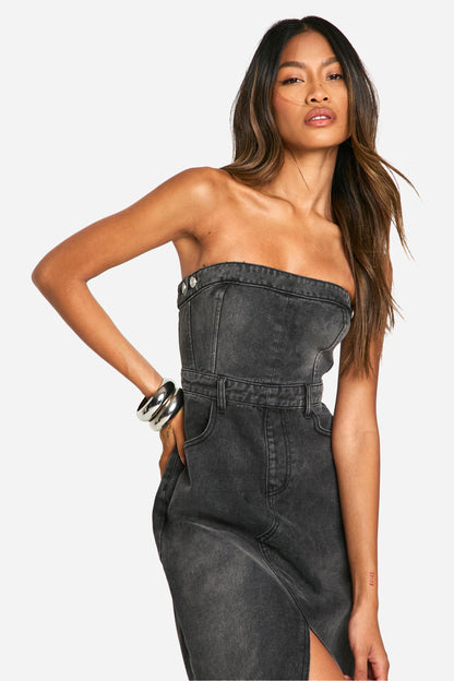 Denim Bandeau Split Front Midi Dress