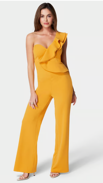 One Shoulder Ruffle Crepe Jumpsuit