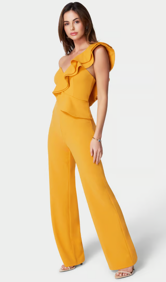 One Shoulder Ruffle Crepe Jumpsuit